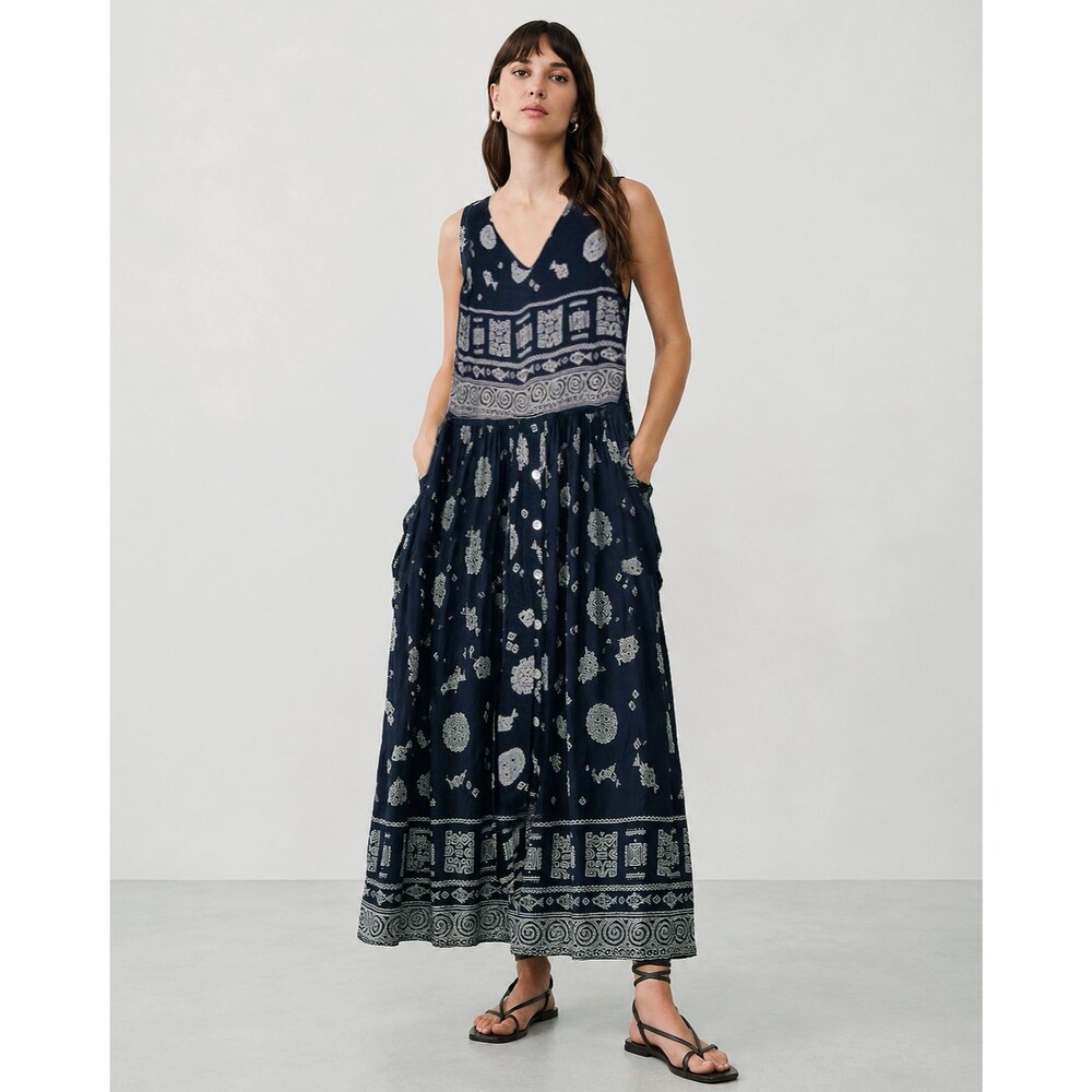Bila Boho Maxi Dress Women M Blue CrinkleRayon Fish Tribal Print Pockets V-neck